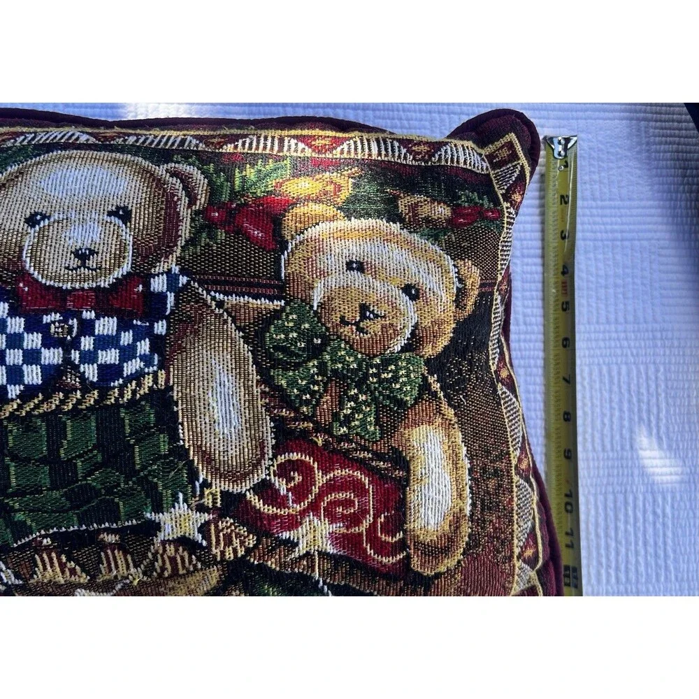 Vintage 1990s Teddy Bear Dog Cat Tapestry Throw Pillow Velvet Cottage Decor